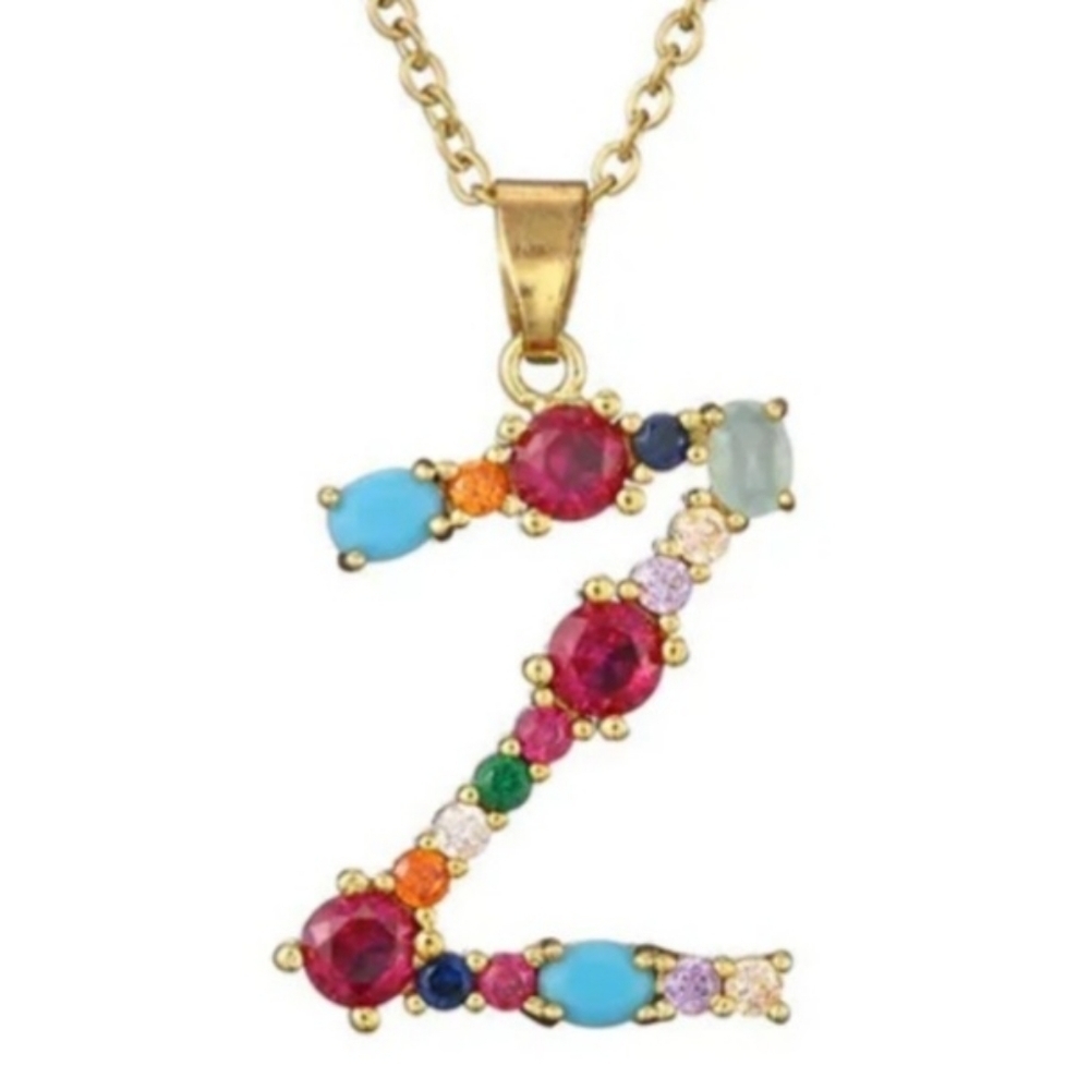 Z Initial Pendant Necklace Multicolor Gold Tone Chain